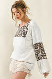 Leopard Patch Puff Sleeve Textured Blouse