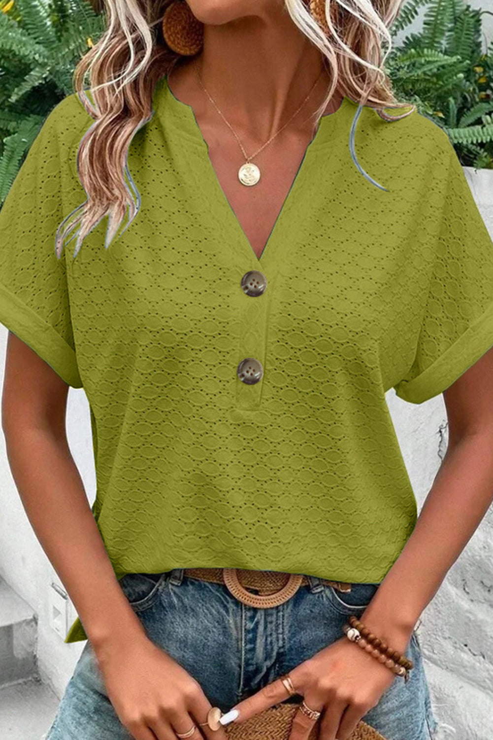 Eyelet Button-Accent Notch Neck Top