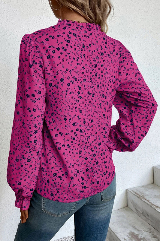 Blouse à manches longues et col fendu à imprimé floral rose