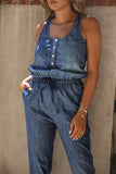 High Waist Buttons Sleeveless Denim Romper