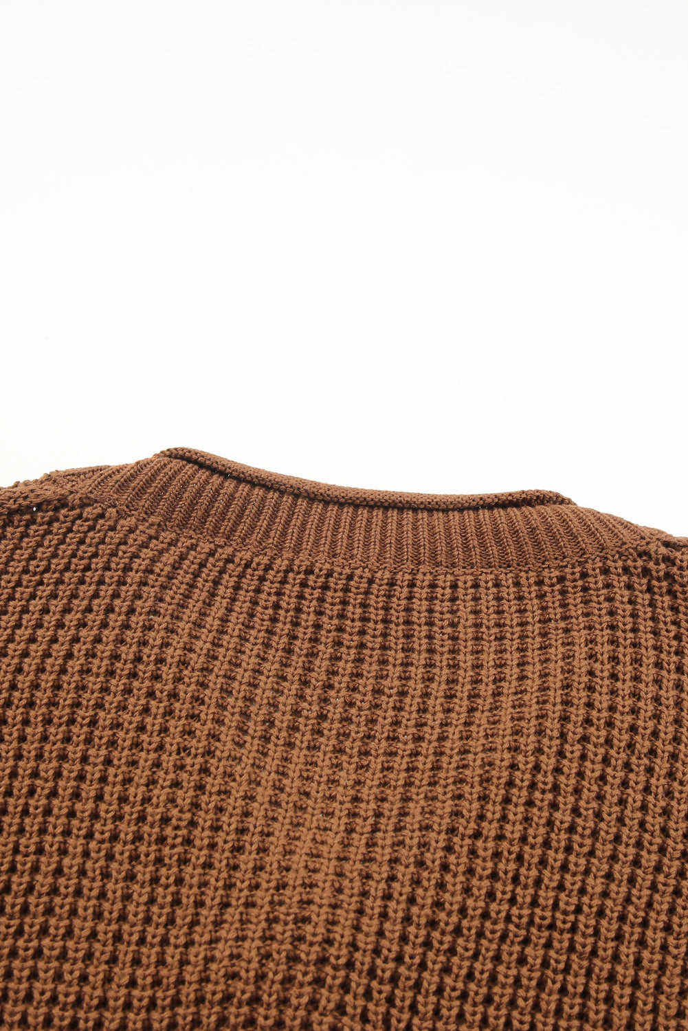 Khaki Pointelle Knit Button V Neck Drop Shoulder Sweater