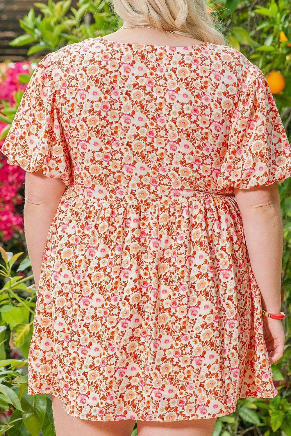 Plus Size Floral Print Puff Sleeves Dress