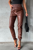 Pantalon skinny en cuir taille haute smocké marron