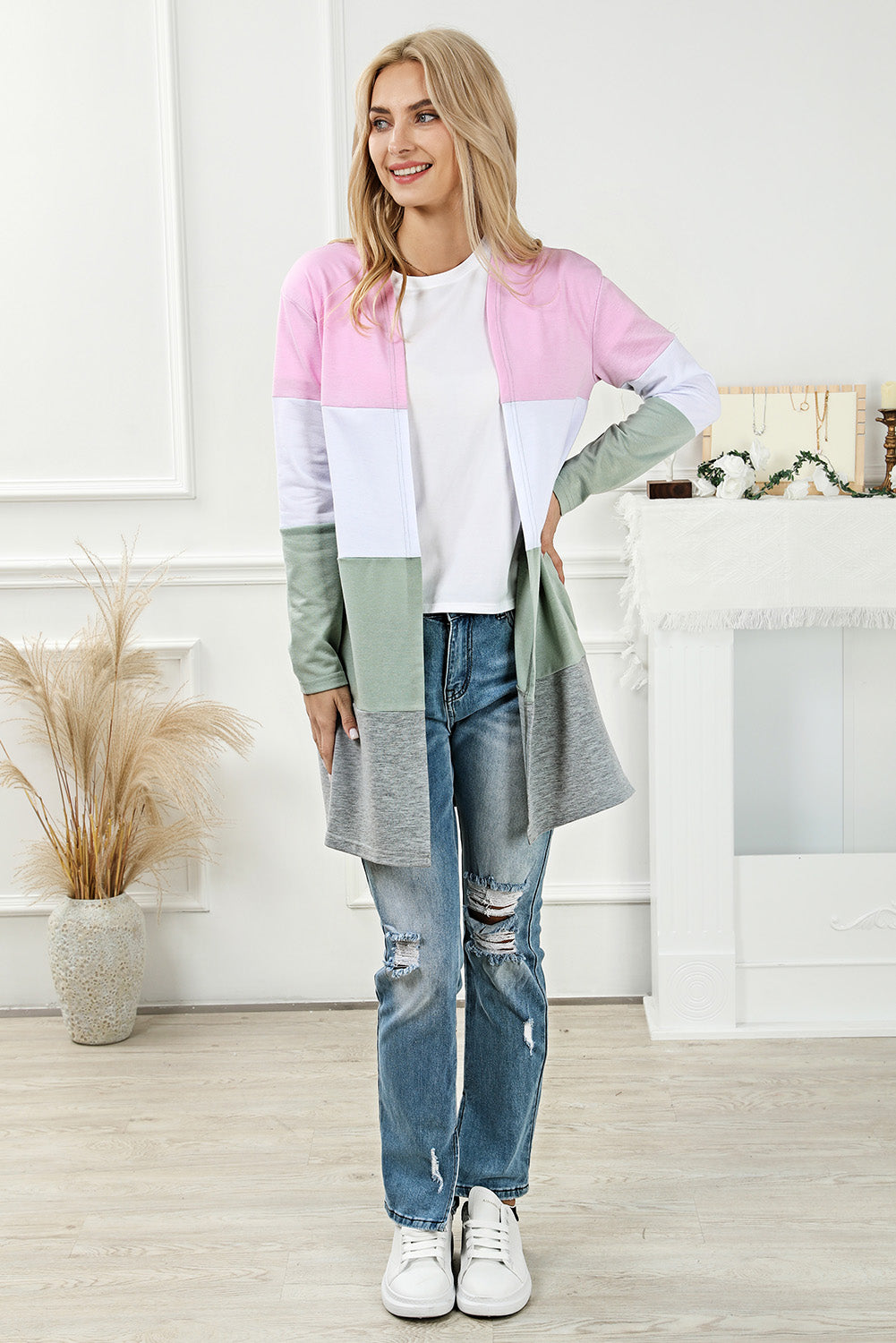 Plus Size Colorblock Open Front Cardigan