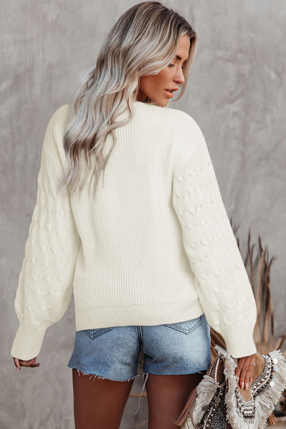 Cable Puff Sleeve Lace V Neck Sweater