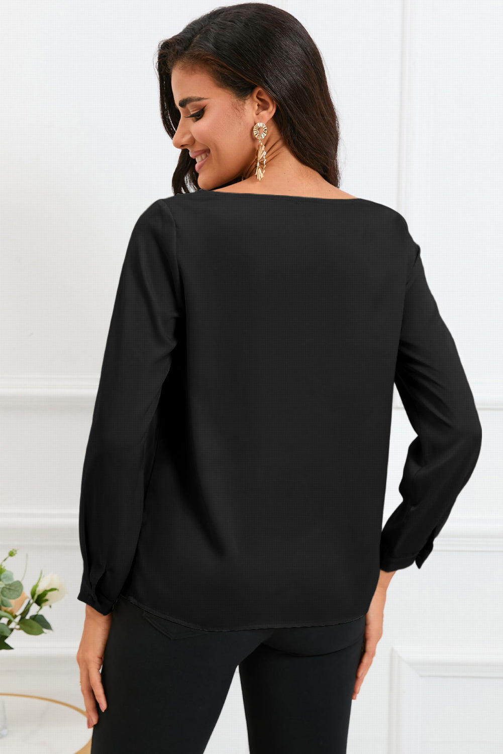 Solid Asymmetric V Neck Long Sleeve Satin Blouse