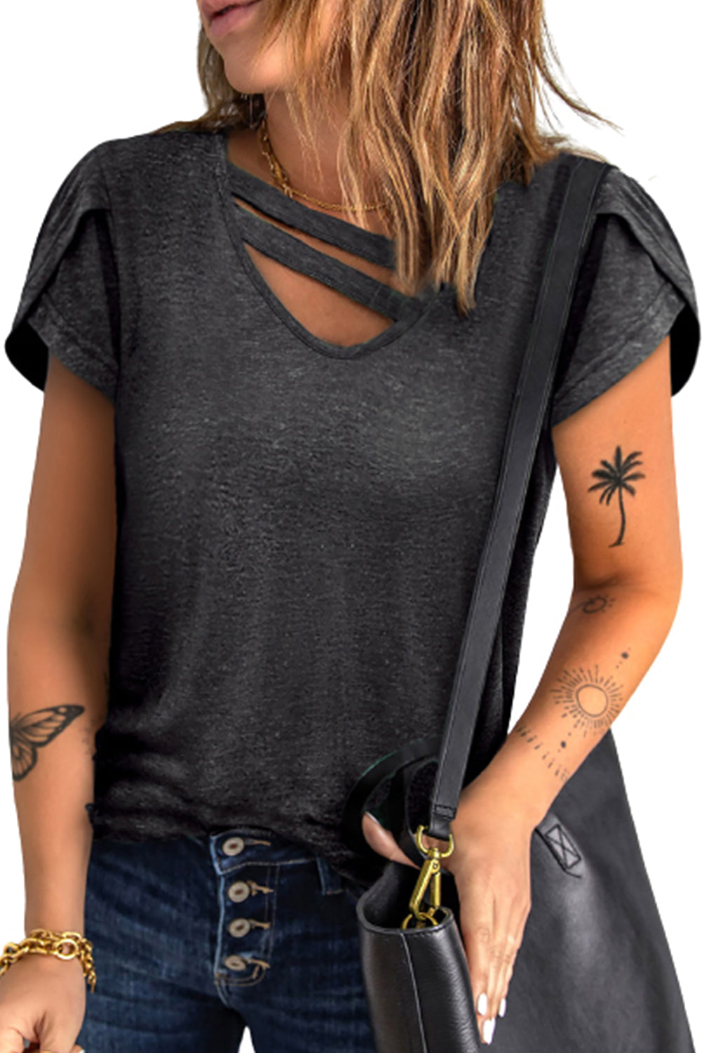 Strappy V Neck Overlap Short Sleeve Top