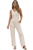 Sleeveless Buttoned Ribbed Wide Leg Jumpsuit with Pockets