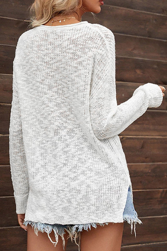 Solid Color V Neck Side Split Sweater