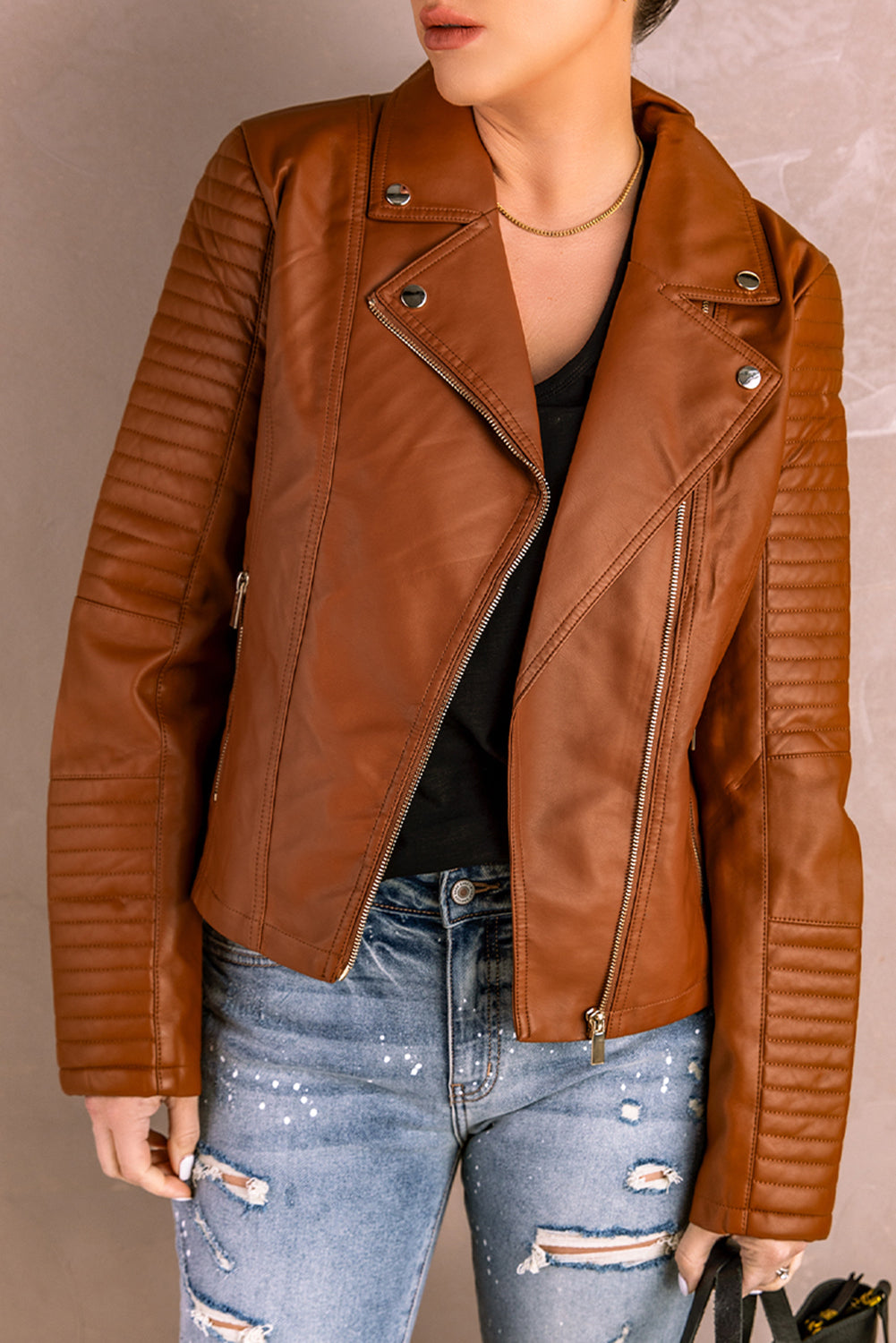 Veste de moto zippée en simili cuir marron avec coutures côtelées