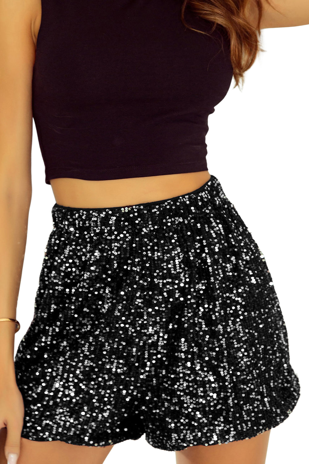 Sequin Straight Leg High Waist Casual Shorts