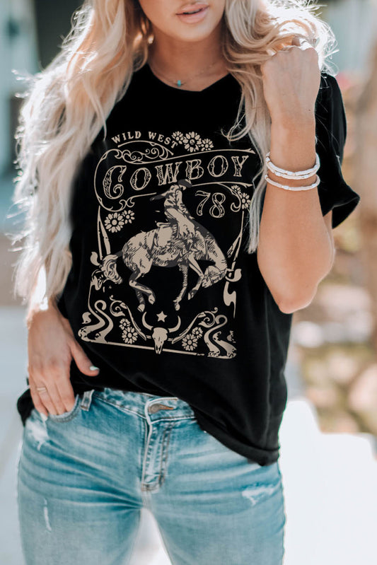 T-shirt noir à col rond graphique Western COWBOY 78 