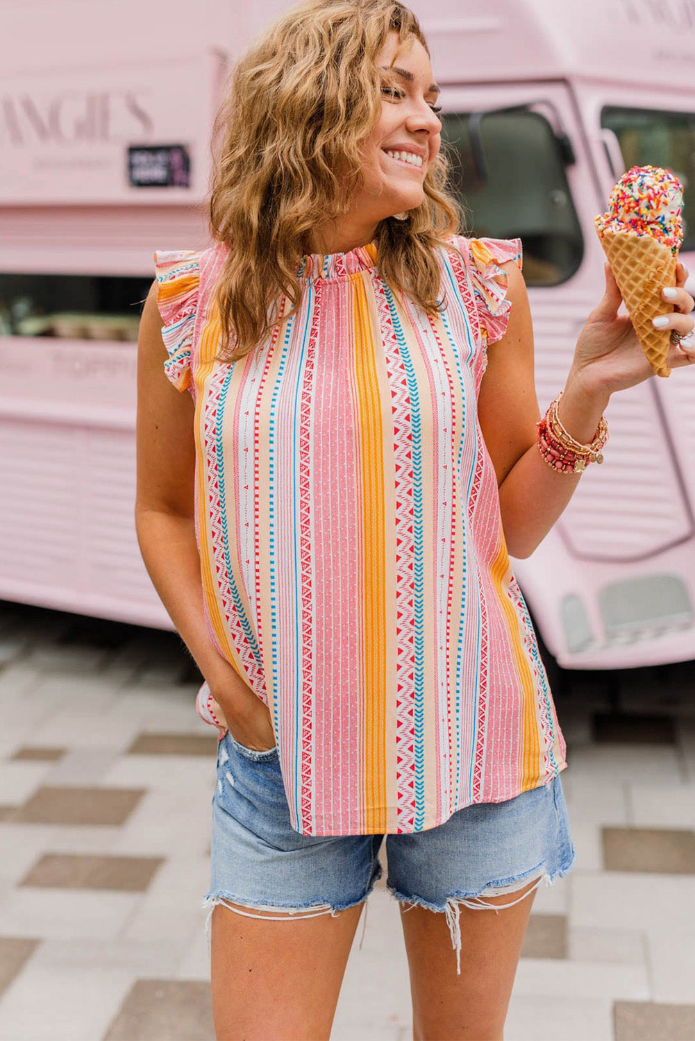 Aztec Ruffled Sleeveless Top