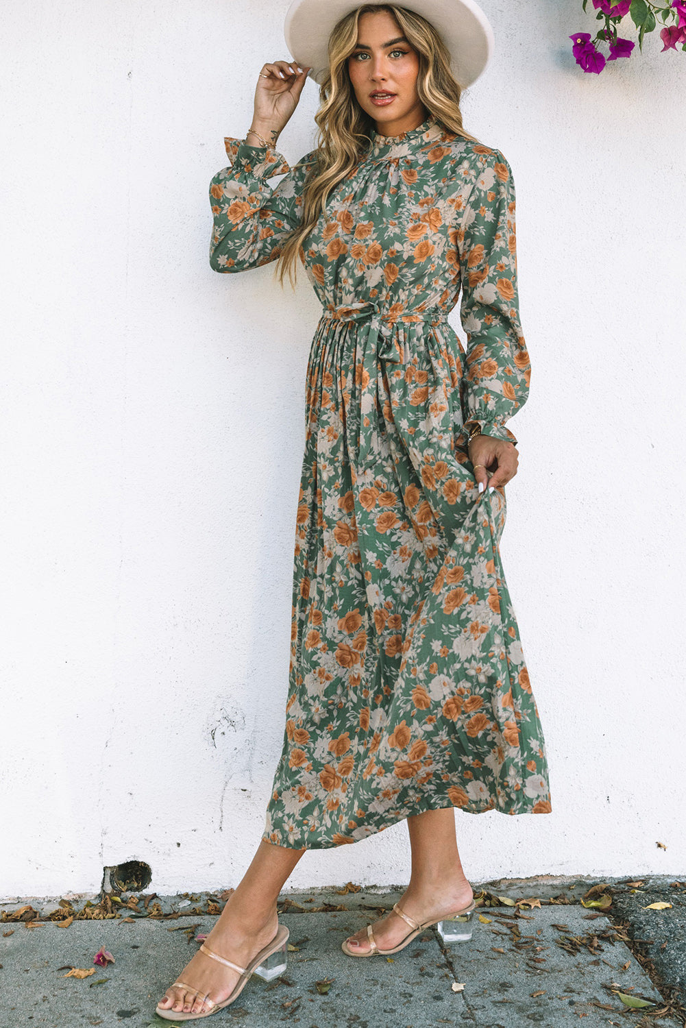 Pleated Long Sleeve Maxi Floral Dress with Tie