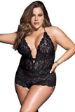 Lingerie Teddy à Bretelles en Dentelle Festonnée de Grande Taille Noir