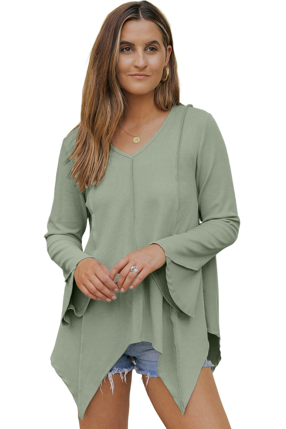 Ribbed Expose Seam Bell Sleeve Top