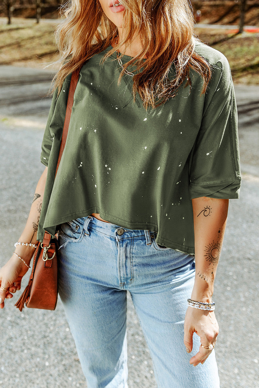 Distressed Bleached Asymmetric Hem Short Sleeve Top