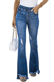 Frayed Tassel Hem Elastic Waist Flared Jeans