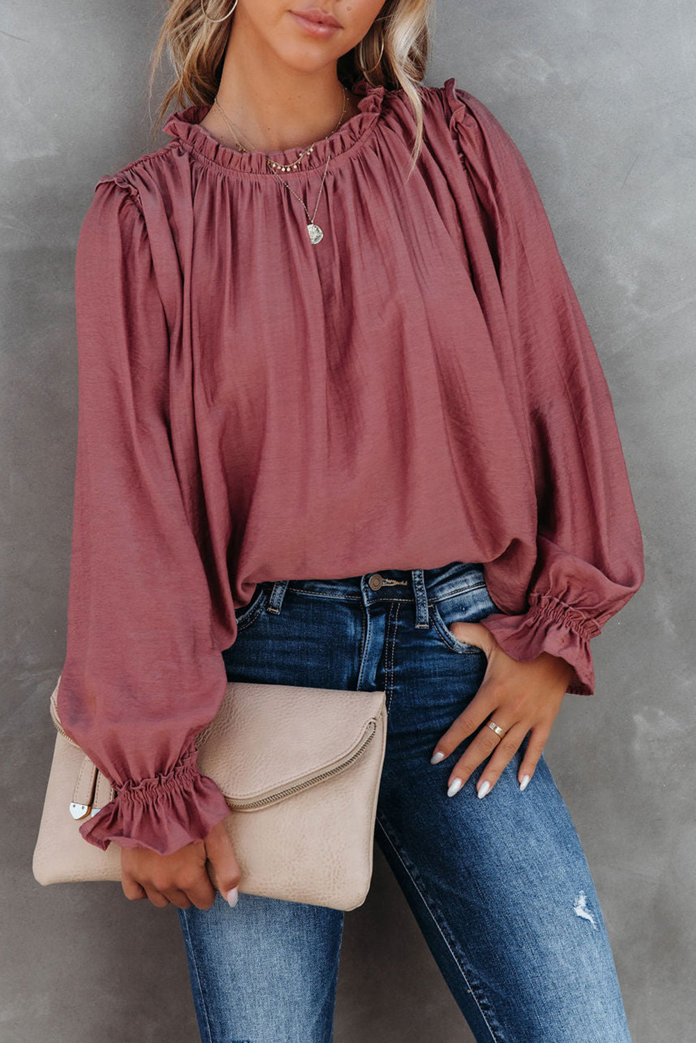 Frilled Neck Ruffled Long Sleeve Blouse