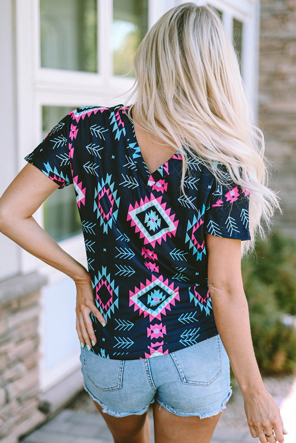 Western Fashion Aztec Print Crisscross V Neck Top