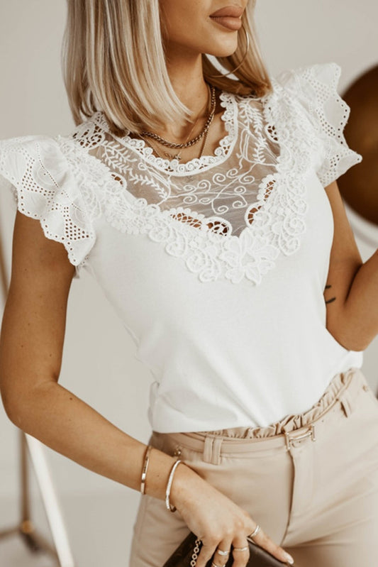 Lace Splice Ruffle Eyelet Flutter Sleeve Top