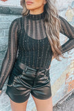 Black Star Mesh Mock Neck Long Sleeve Bodysuit