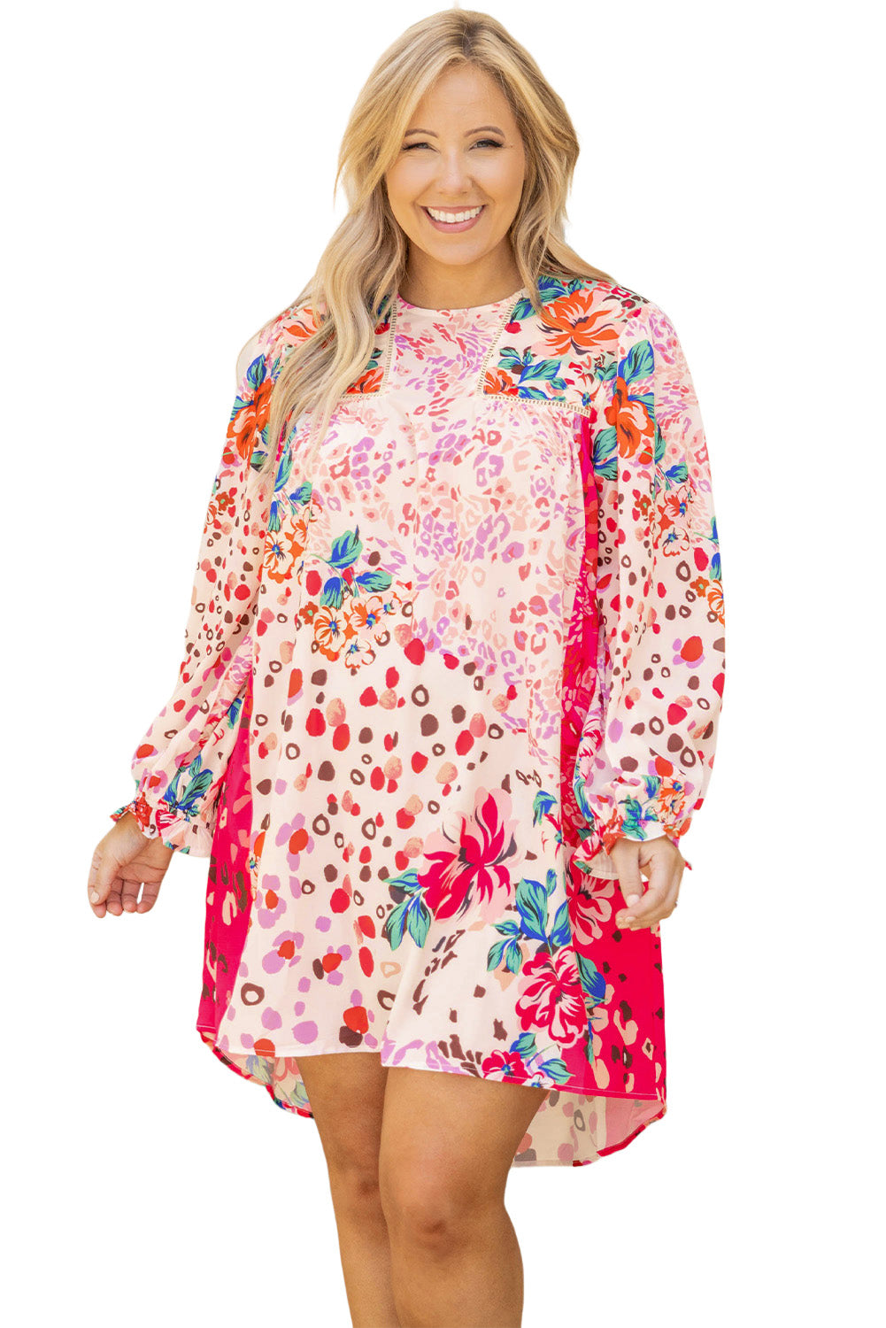 Robe Droite Rose Florale à Manches Longues Grande Taille