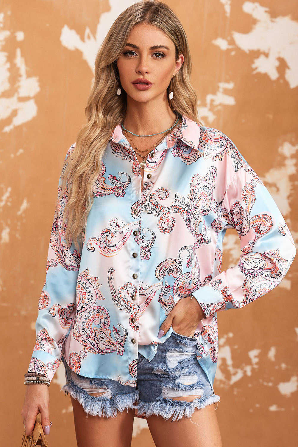 Boho Paisley Print Lantern Sleeve Button-Down Shirt