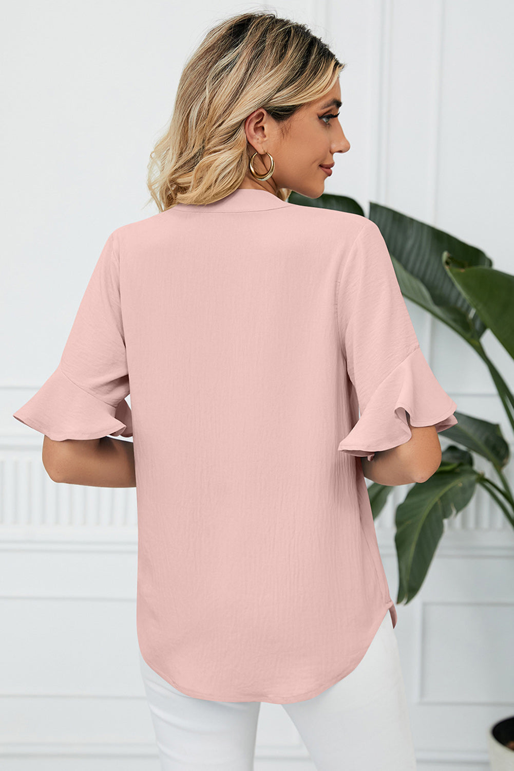 Ruffled Bracelet Sleeve V-Neck Pleated Blouse