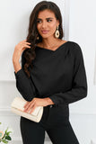 Solid Asymmetric V Neck Long Sleeve Satin Blouse