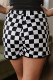 Black Checkered Drawstring Elastic Waist Casual Shorts