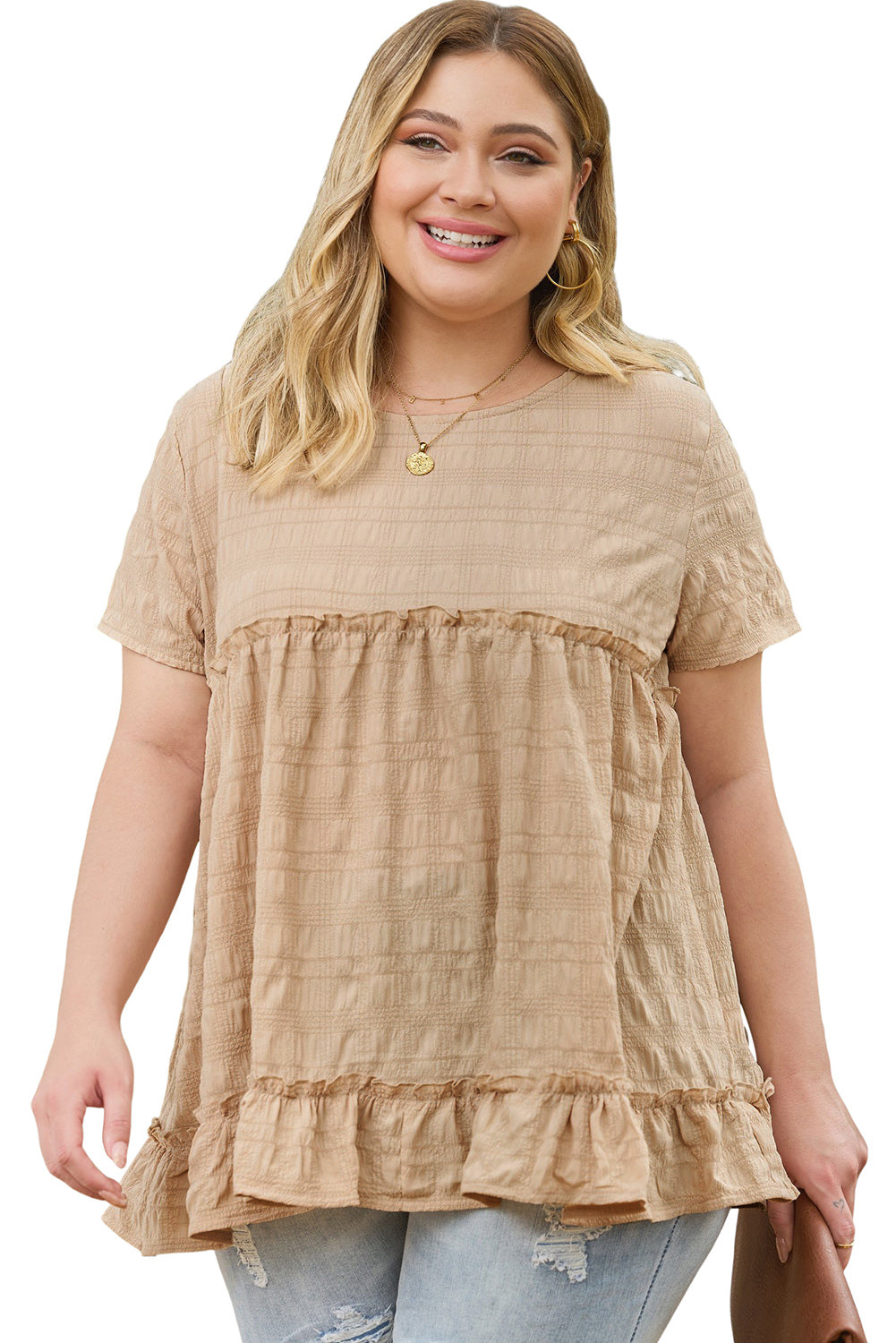 Plus Size Crinkle Textured Ruffle Trim Babydoll Top