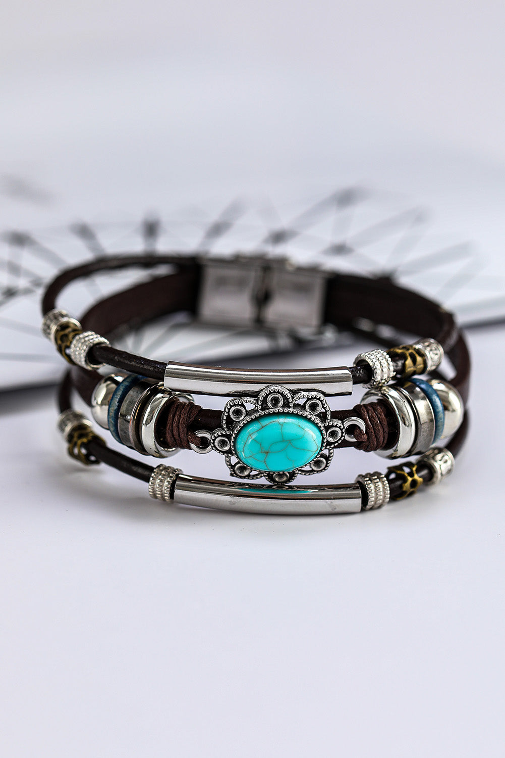 Bracelet multicouche en faux cuir turquoise