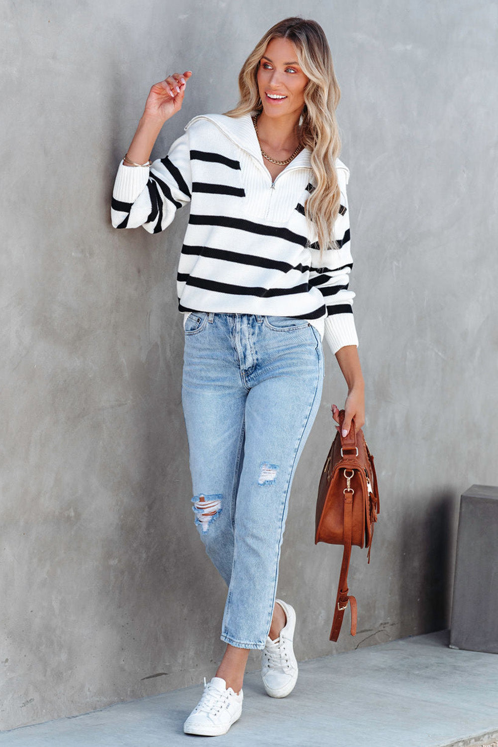 Sailor Collar Striped Knit Pullover Sweater