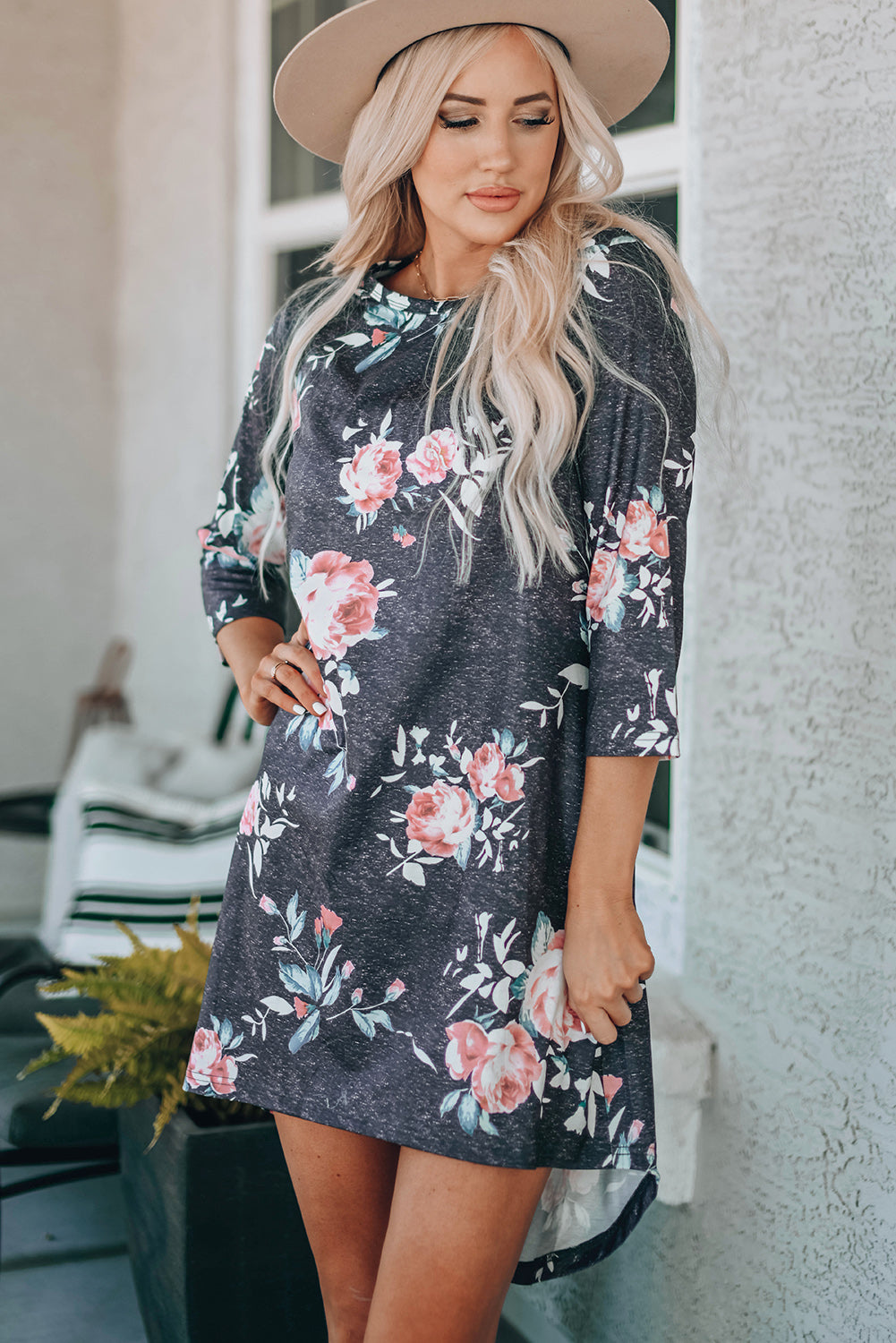 Vintage Floral 3/4 Sleeves T-shirt Dress