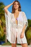 Hollow-out Lace Patterned Pompom Trim Beach Cover-up