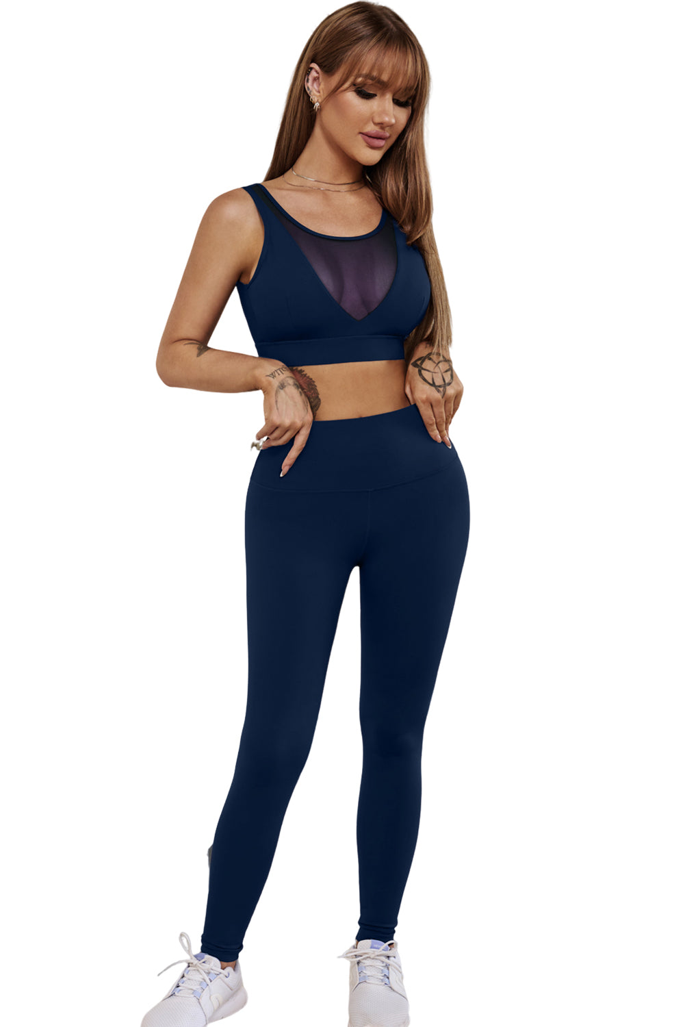 Ensemble de sport taille haute avec haut court en maille bleue