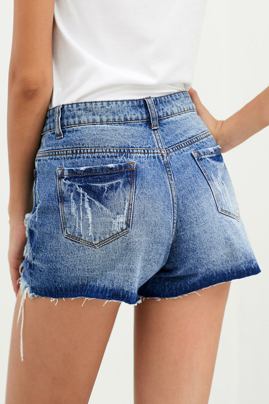 Short en denim vieilli taille haute à braguette boutonnée bleu ciel