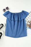 Off-the-shoulder Ruffled Denim Top