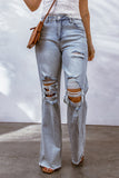 Acid Wash Wide Leg Raw Hem Distressed Jeans