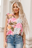 Pink Floral Print Tiered Ruffled Long Sleeve Blouse