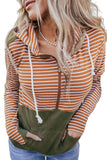 Striped Color Block Patchwork Thumbhole Sleeve Hoodie