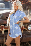 Sky Blue Stars Frayed Hem Collared Short Sleeve Denim Dress