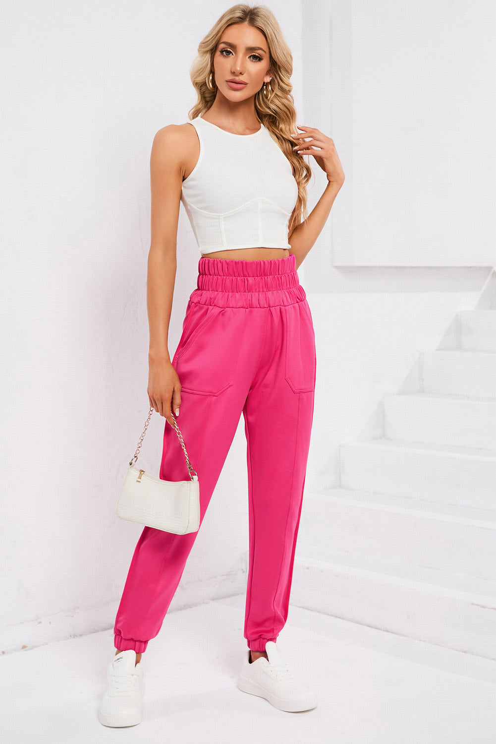 Pantalon de jogging taille smockée rose