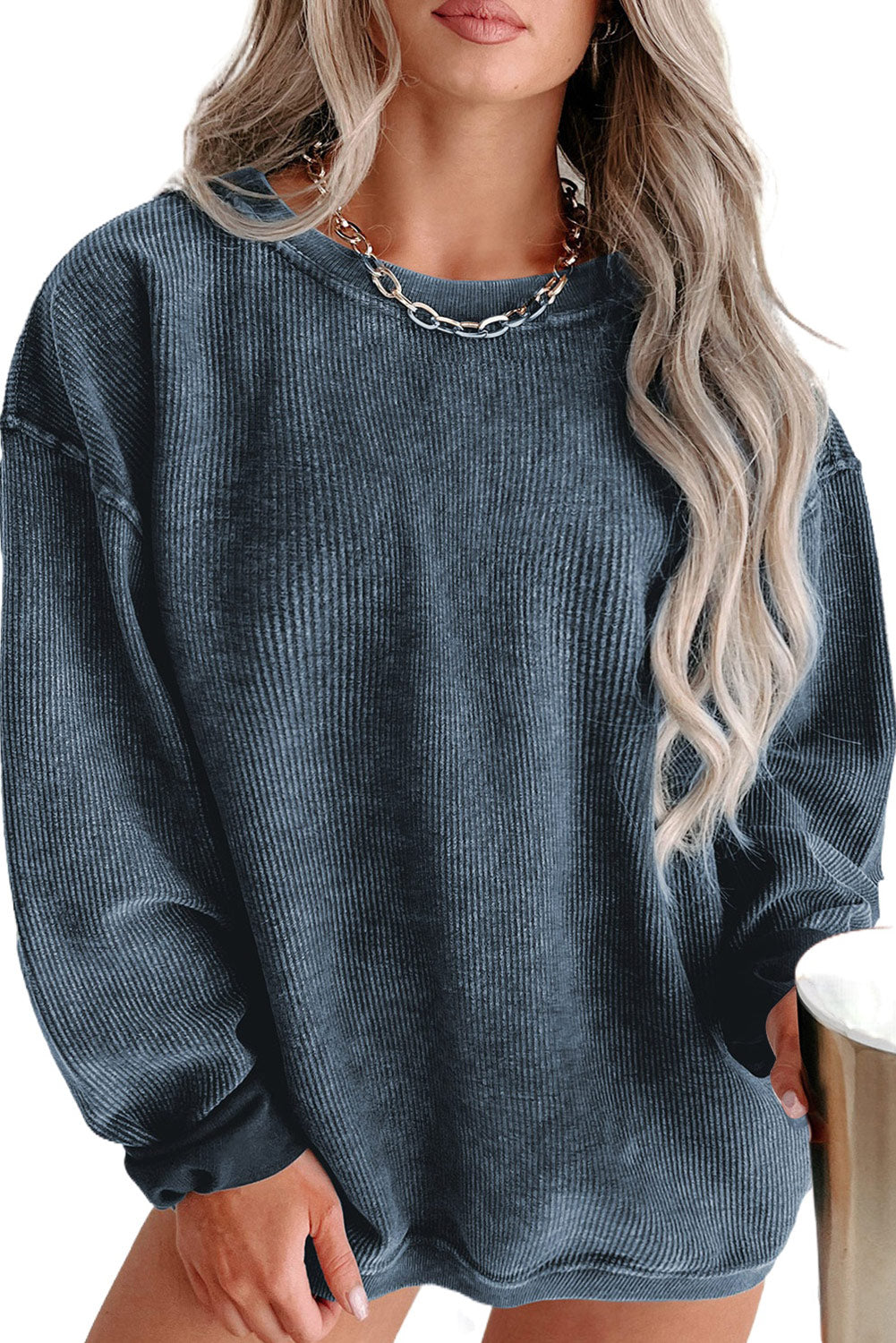 Pink Solid Ribbed Knit Round Neck Pullover Sweatshirt