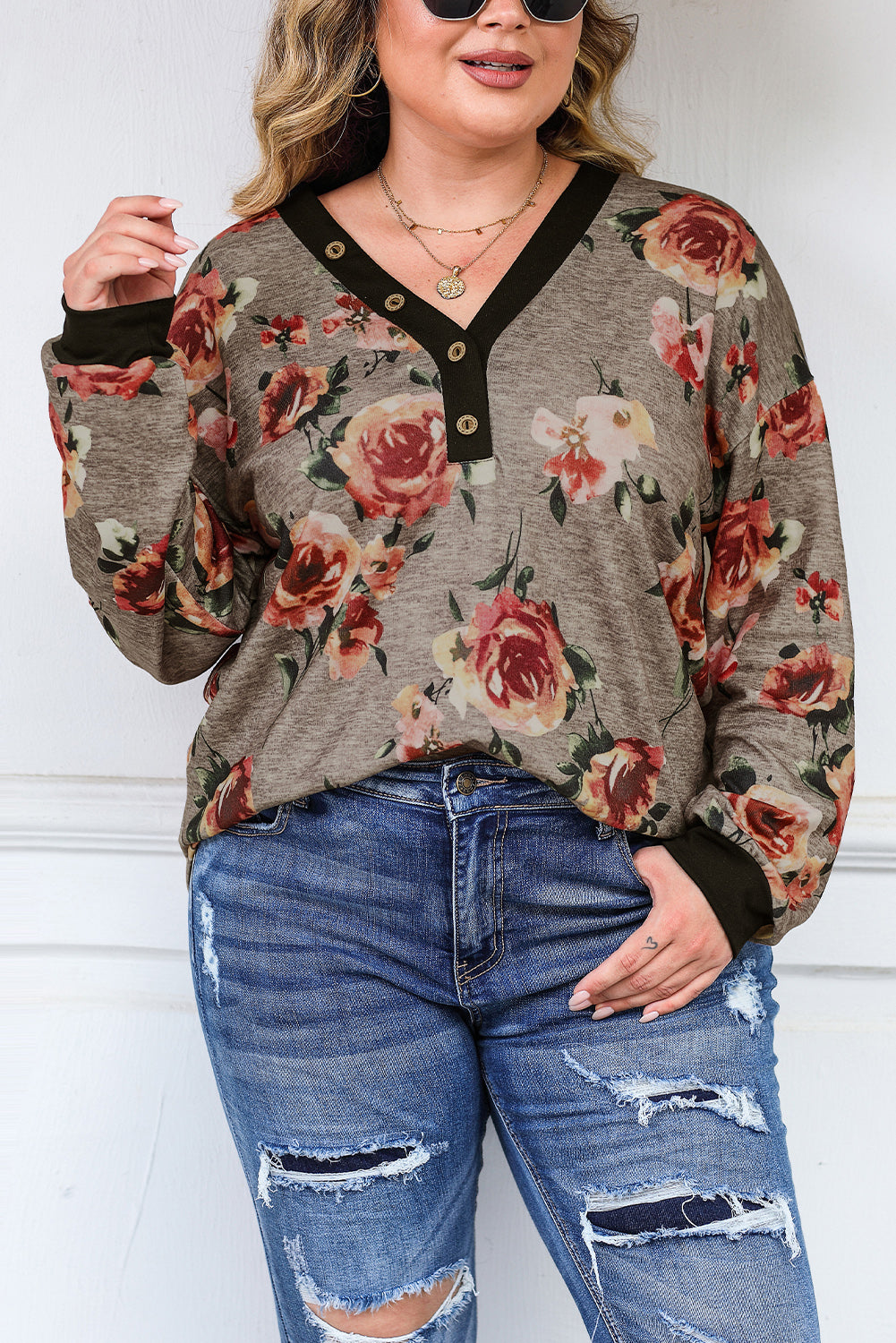 Floral Long Sleeve Plus Size Henley Top