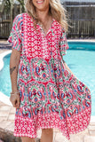 Pink Bohemian Print Tie Neck Ruffle Hem Short Dress