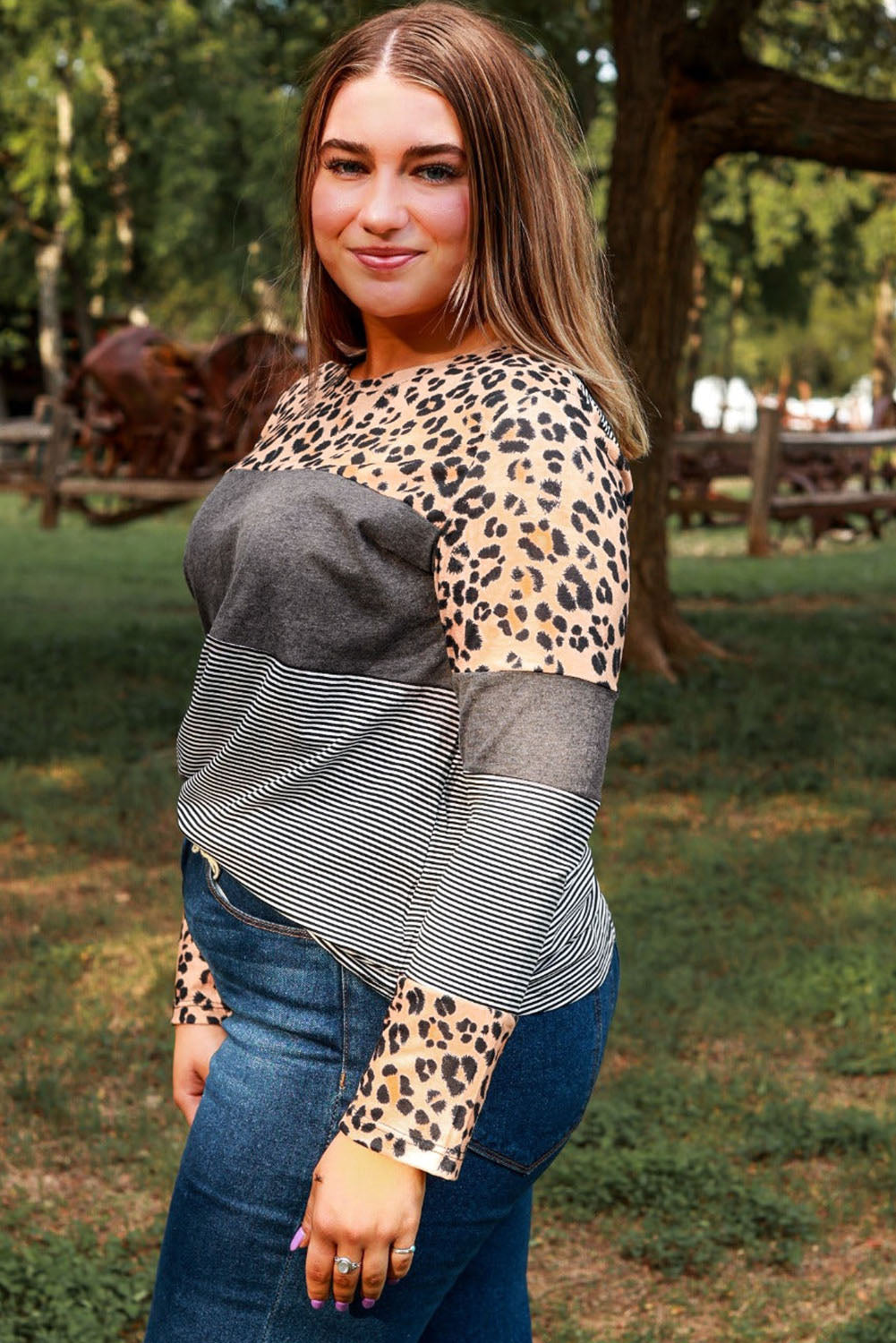 Plus Size Cow/Stripes Patchwork Long Sleeve Tee