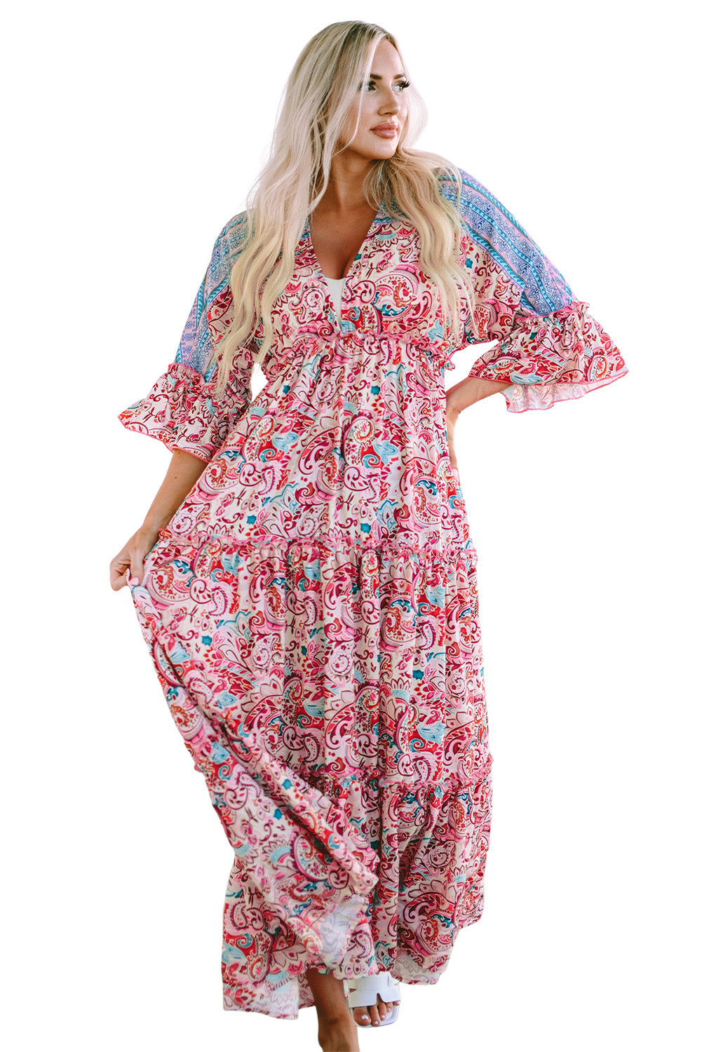 Boho Floral Paisley Print Tassel Tie V Neck Maxi Dress