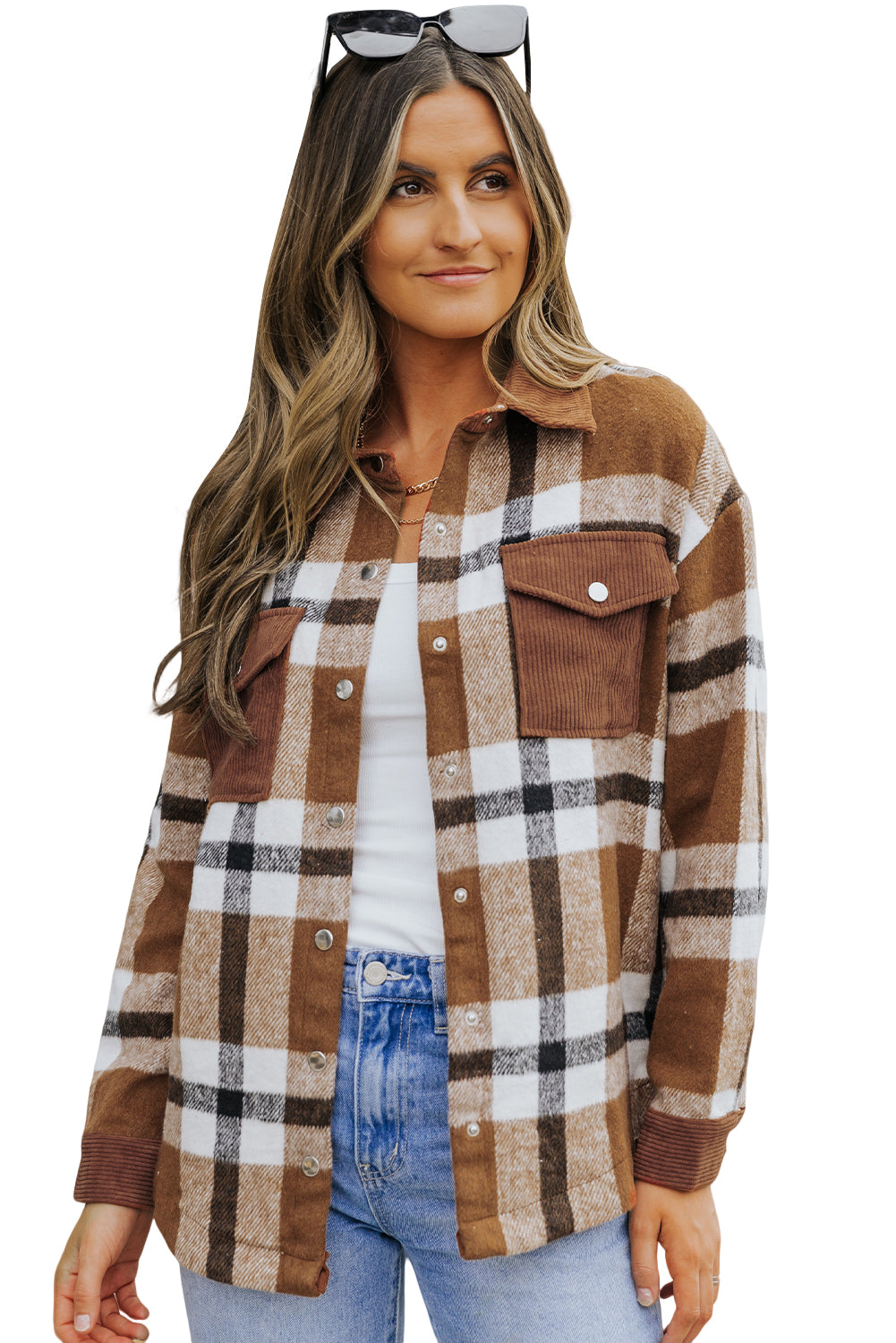 Pocketed Buttoned Plaid Shirt Jacket